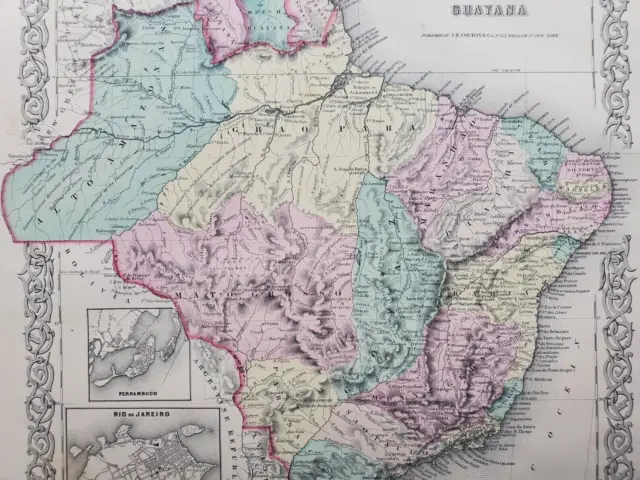 1855 Colton Map - Brazil Uruguay Paraguay South America - 100% Genuine Antique 3