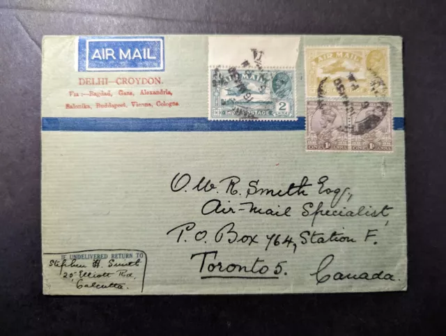 1930 India Airmail FFC First Flight Cover Calcutta to Toronto Canada Smith Sign
