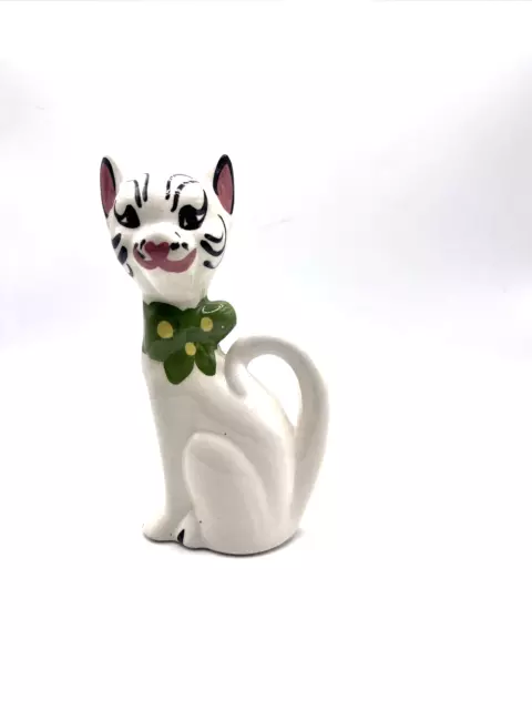 Vintage Tall Neck Cat Salt Or Pepper Shaker 1Pc Green Bow Tie Hand Painted Figur