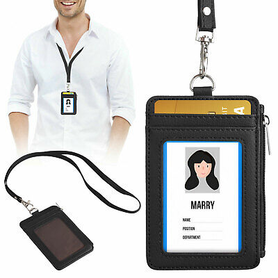 Vertical Leather ID Card Holder Badge Wallet Pocket w/6 Slot+Neck Strap Lanyard