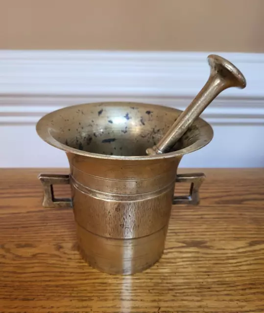 Vintage Heavy Brass Mortar And Pestle Apothecary Double Handles