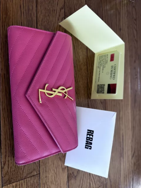 Authentic SAINT LAURENT Monogram Large Flap Long Wallet Leather Pink Gold ￼