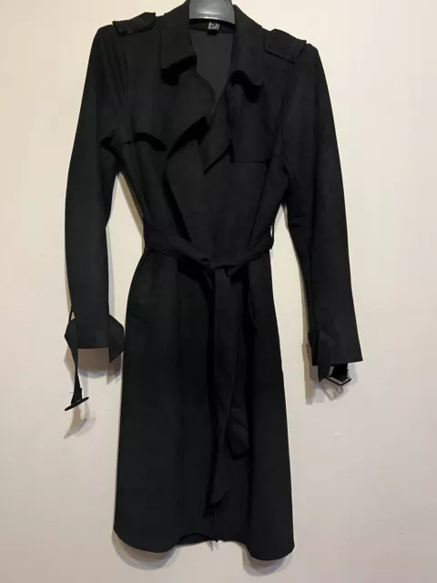 Forever 21 open waterfall front belted long trench coat duster jacket Sz M Black