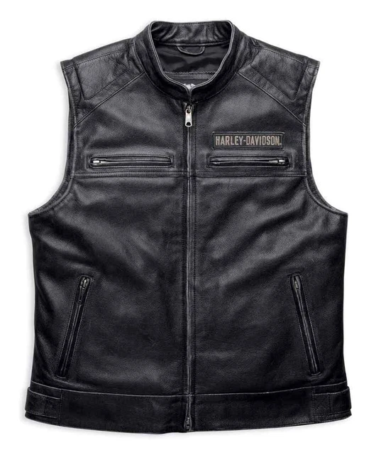 HARLEY DAVIDSON MEN'S Motorcycle Leather Vest Embroidered Patch Real ...