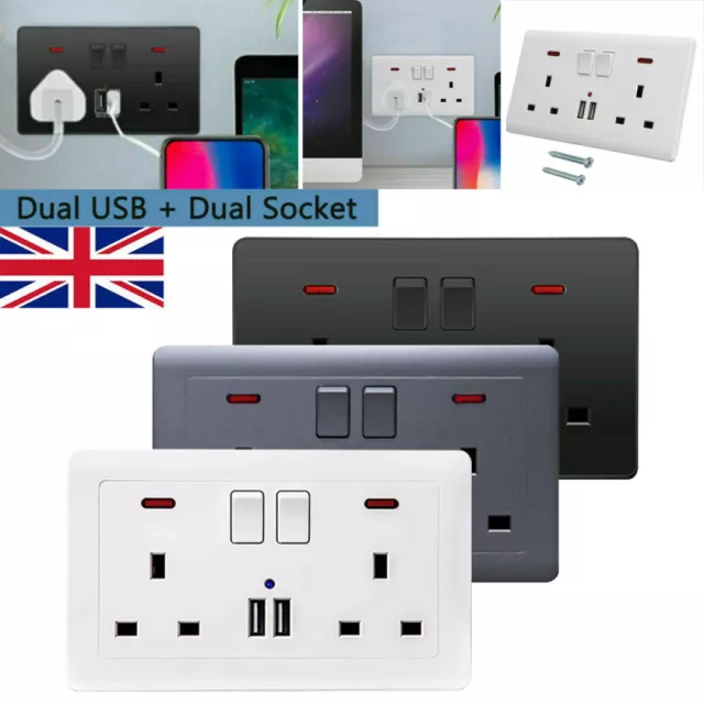 Double Wall Plug Socket 2 Gang 13A w/ 2 Charger USB Ports Outlets Flat Plate UK