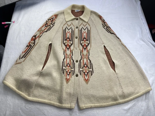 VTG Aztec Western Duster Poncho Cape Sears Knit Adult S M L Tribal Rodeo Cowboy