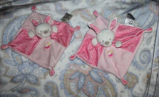 Doudou MOTS D'ENFANTS LAPIN PLAT ROSE BLANC POULE OISEAU POIS lot 2