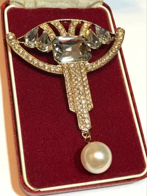 Stunning Art Deco Style Geometric Crystal & Pearl Gold Tone Brooch Shawl Pin