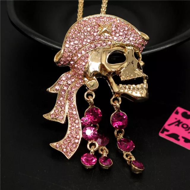 Betsey Johnson Bling Rhinestone Pink Pirate Skull Crystal Pendant Chain Necklace