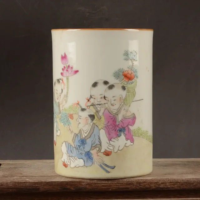 4.7" Collect China Famille Rose Porcelain Hand Painting Children Grain Brush Pot