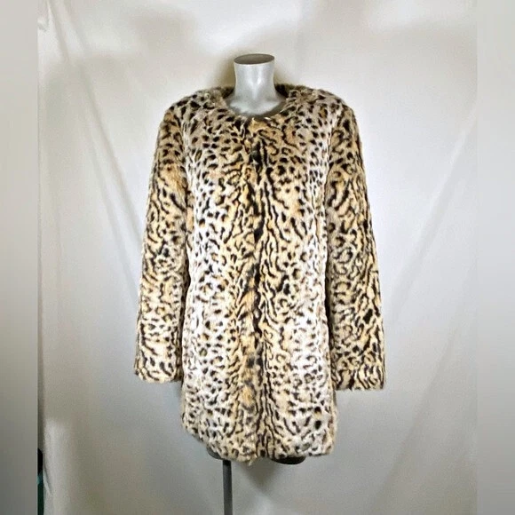 Steve Madden Leopard Print Mid Length Faux Fur Coat~L~