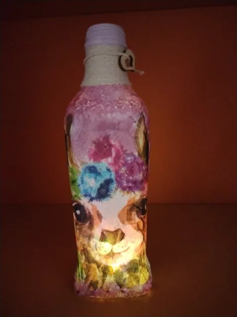 Decoupage decorated glass Light Up bottle, handmade, shabby chic Farmhouse Charm