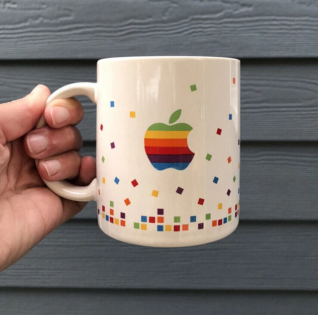 Vintage 80s Apple Rainbow Confetti Coffee Mug Macintosh Logo Cup, 11 oz