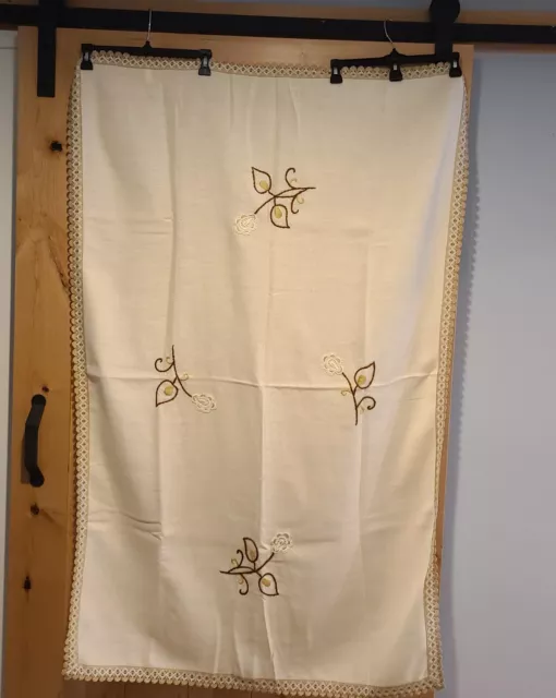 Vintage Woven Tablecloth Beige with Embroidered Applique Flower about 39x60"