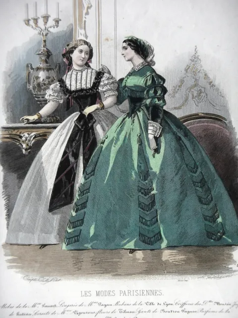 OLD FASHION ENGRAVING 19th century - LES MODES PARISIENNES - DRESSES OF THE HOUSE FAUVET