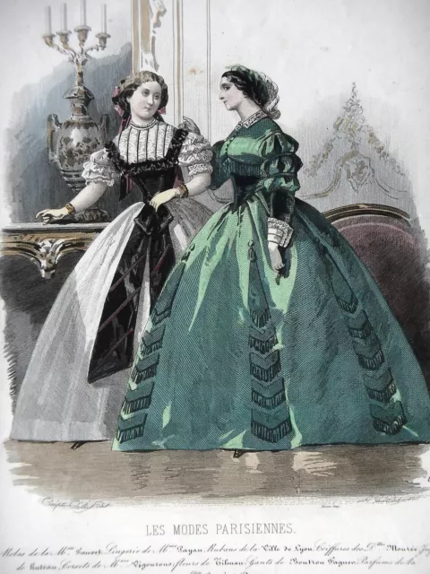 OLD FASHION ENGRAVING 19th century - LES MODES PARISIENNES - DRESSES OF THE HOUSE FAUVET