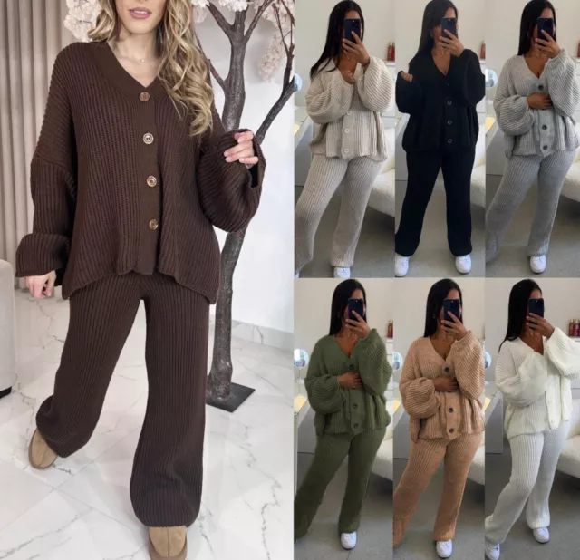Ladies Knitted BUTTON UP COORD Loungewear Set Chunky Cardigan Wide Leg Trouser
