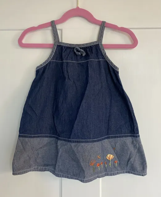 Pick Ouic Baby Girl Chambray Sleeveless Dress 12-18 Months Embroidered Flowers