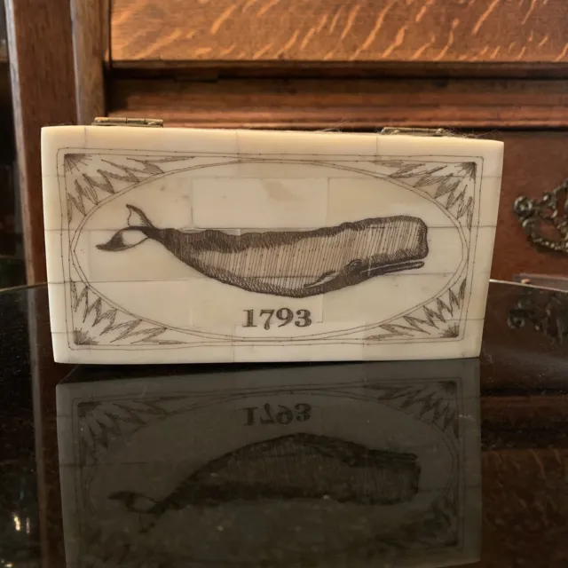 Bovine Bone Scrimshaw Hinged Trinket Box 1793 Whale On Top