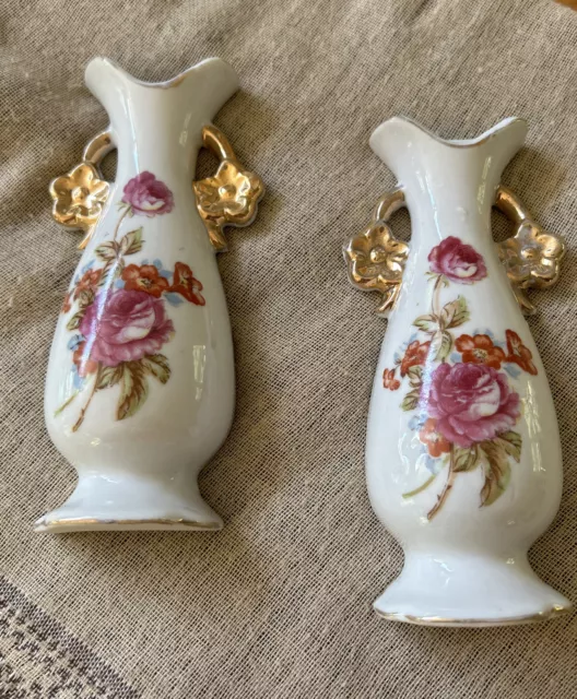 VTG Pair Pink Roses Flower Japan Wall Pocket Vase Gold Floral Hollywood 6”x2”
