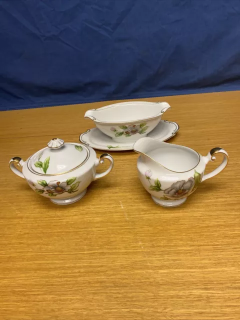 3 Pcs. Roselyn China Dogwood Creamer & Sugar Bowl Set and Gravy Boat - Japan