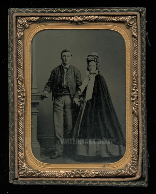 1/4 Tintype Civil War Soldier Wearing Corps Badge? & Wife 1860s Photo