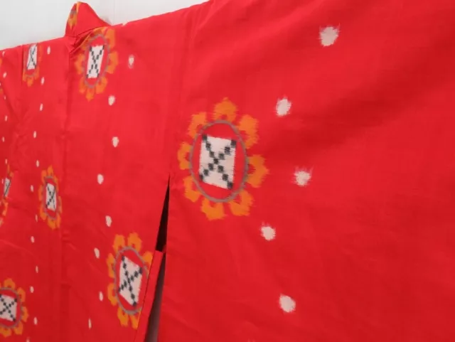 3015T06z340 Vintage Japanese Kimono Silk MEISEN HAORI Flower Tomato red 2