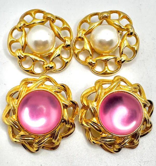 Lot 2 Paolo Gucci 1980s Gold Tone Pink & Faux Pearl Cabochon Clip On Earrings