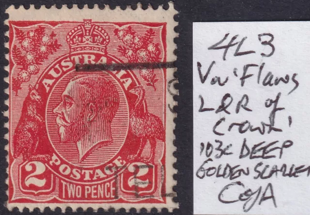Australia, KGV, 1931, 2d Red, Die 3, CofA Wmk, Minor Variety 4L3, Used.