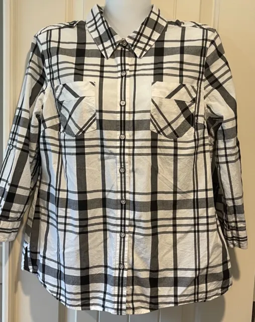 Dressbarn Black White Plaid Cotton Button 3/4 Tab Sleeve Shirt - Medium