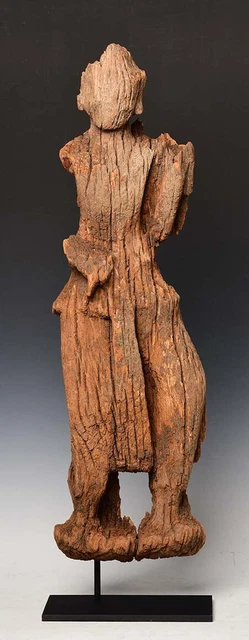 15th Century, Ava, Antique Burmese Wooden Standing Angel with Stand