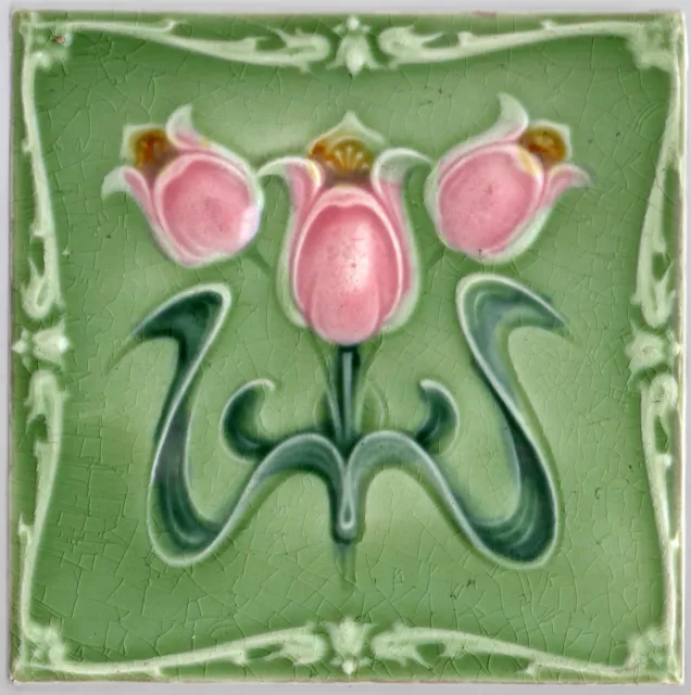 Gorgeous Reclaimed original period antique Art Nouveau Majolica tile rose green