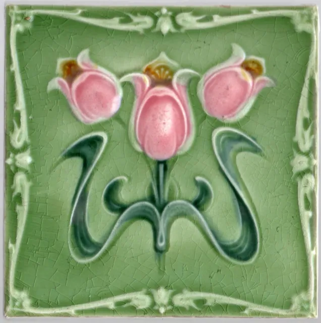 Reclaimed original period antique Art Nouveau Majolica tile rose & green flowers
