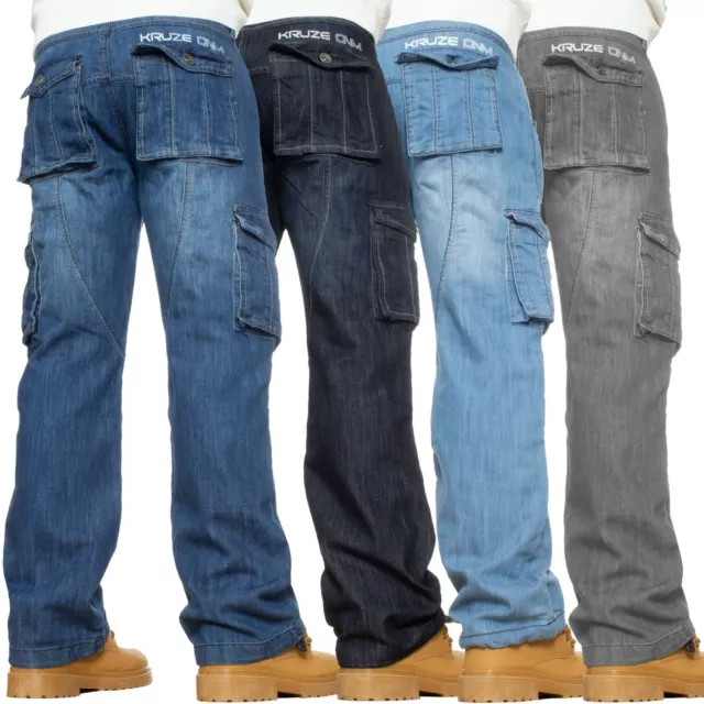 KRUZE MENS COMBAT Jeans Cargo Denim Trousers Casual Work Pants All