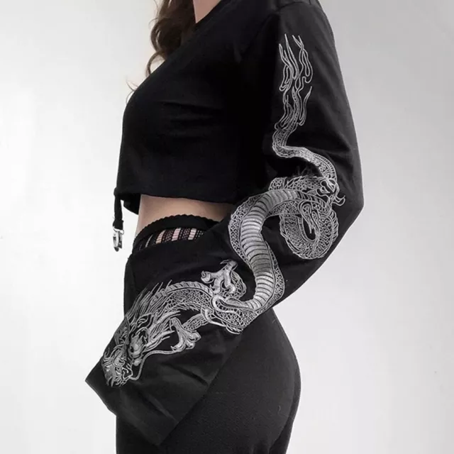 2020 Black Crop Top Hoodie Women Sweatshirt Gothic Punk Grunge Dragon Printed