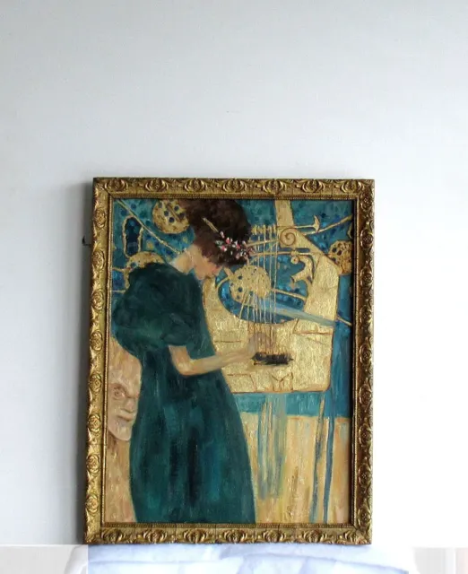 Cadre Ancien Bois Dore Peinture Huile Reproduction Klimt (Feuille D'or)