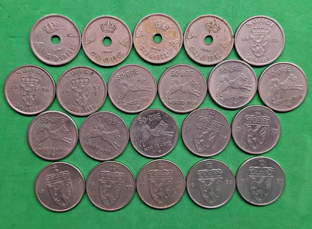 Lot of 21 Different Old Norway 50 ore Coins 1926-1983 Vintage World Foreign !!