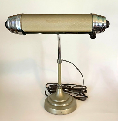 Vintage Art Deco Chrome & Enamel Tube Bulb Adjustable Desk Lamp w/ Cast Base
