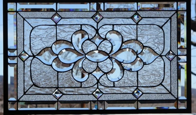 Stained Glass Transom window hanging 28 1/2 X 19  incl hooks