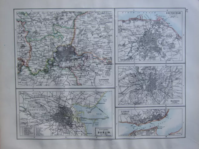 1900 Victorian Map ~ London & Surroundings ~ Edinburgh Dublin Lisbon Madrid