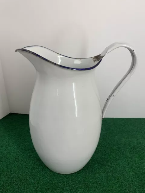 Antique L&G Manufacturing Co. White Enamelware Water Pitcher With Blue Trim-Rare 2