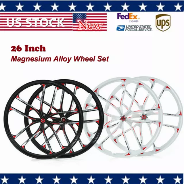 26” Bike Magnesium Wheels 10-Spoke Rims Bike Integrated Wheel Set Front and Rear
