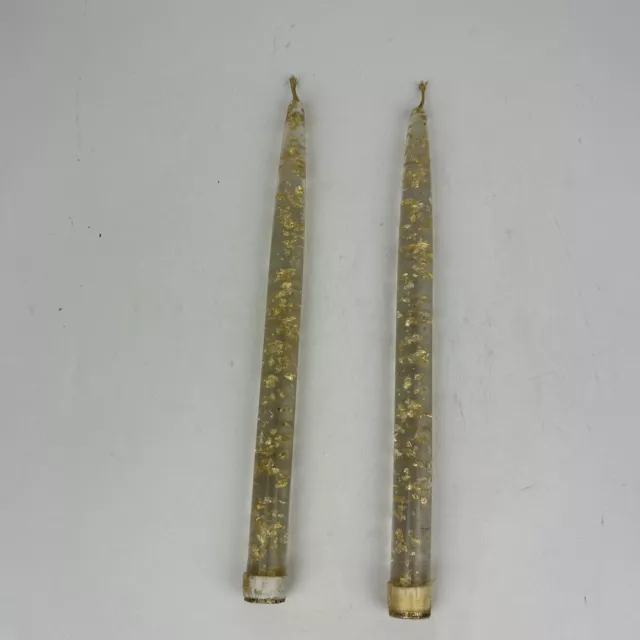 Set Of 2 MCM Confetti Gold Flecks Clear Lucite Taper Candles 10” DH Lindberg Co