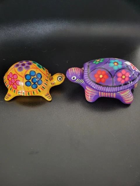 Lot 2 Mexico Turtle Trinket Box Hand Painted Pottery Souvenir- Purple And Yellow