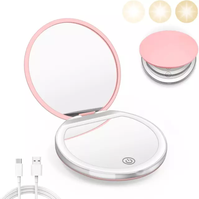 Compact Mirror with Light, 1X/3X Magnification LED Pocket Mirror with USB Data C