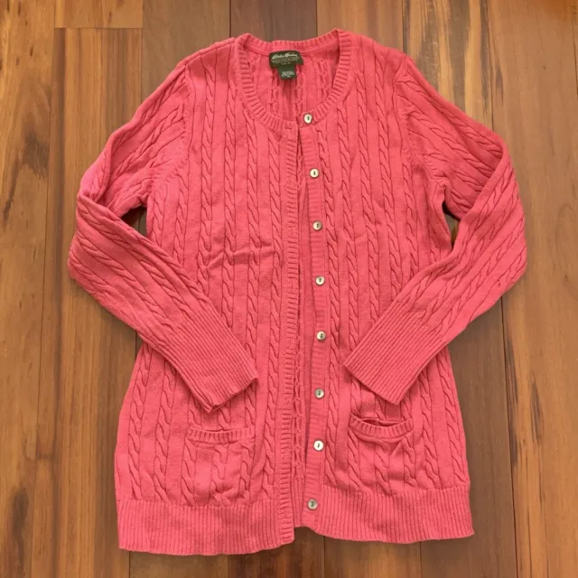 Womens Eddie Bauer Long Sleeve Cable Knit Pink Cardigan Sweater, Pockets Size XL