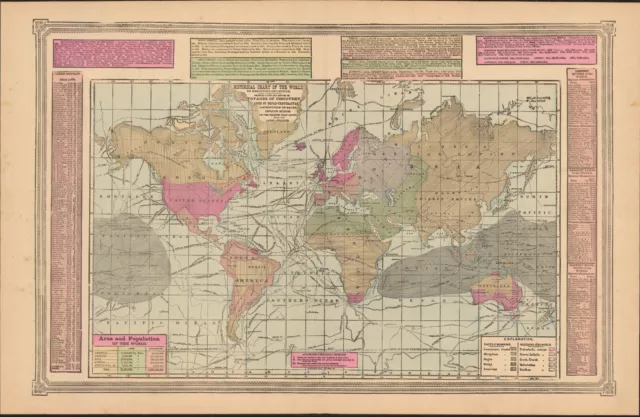 1889 Mercator World Projection Tunison antique map ~21.6" x 13.9" vibrant color