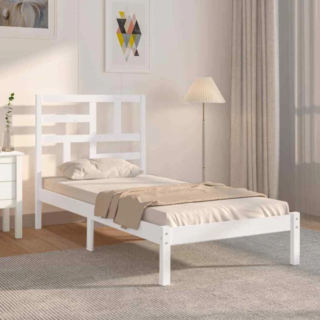 WHITE SOLID PINEWOOD Bed Frame 90x200 cm with Headboard for Small