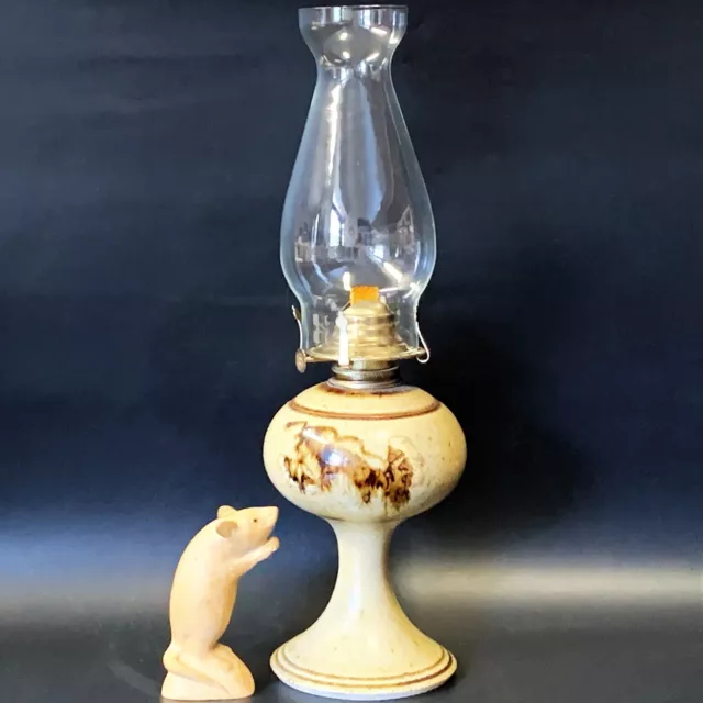 CANNIE RIDGE Aust Pottery -  Oil / Kerosene Lamp & Glass Flue 44cmH