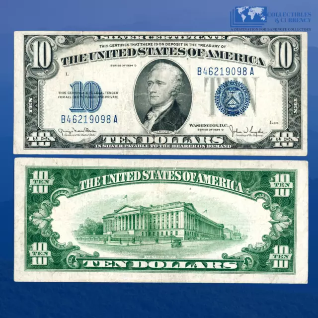 1934D $10 Ten Dollars Silver Certificate Blue Seal, Very Fine Condition #19098